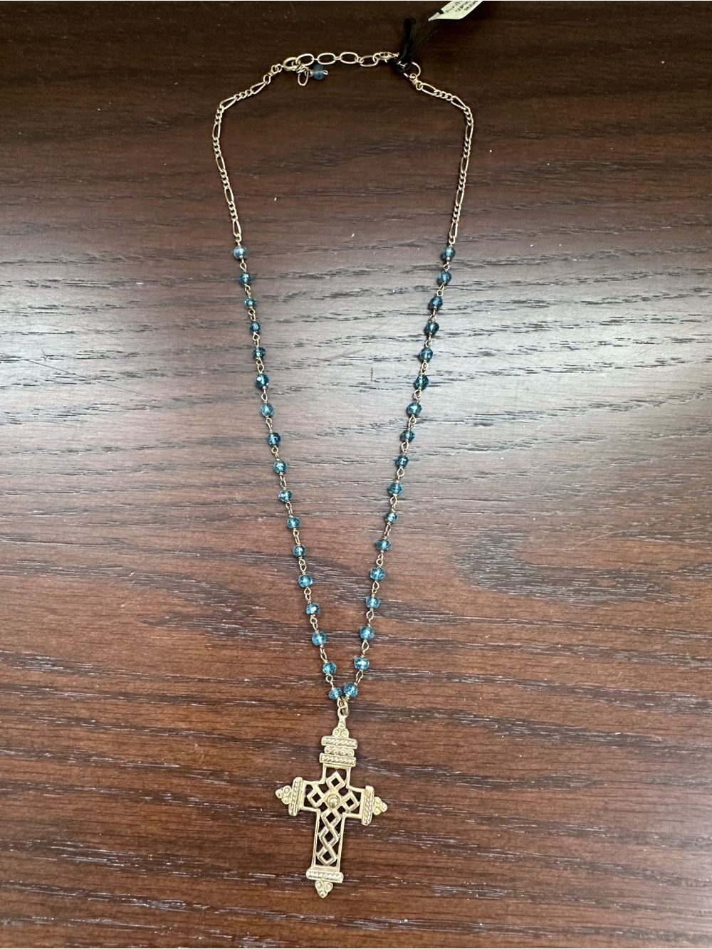 Andrea Barnett Coptic Cross Blue Quartz Rosary Necklace